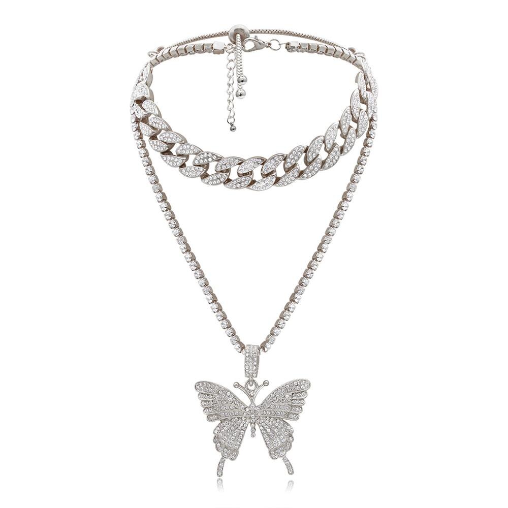 Big Statement Butterfly Necklace Pendant Cuban Link Chain Choker Necklace Women Girls Chains Luxury Bling Hip Hop Jewelry: SILVER