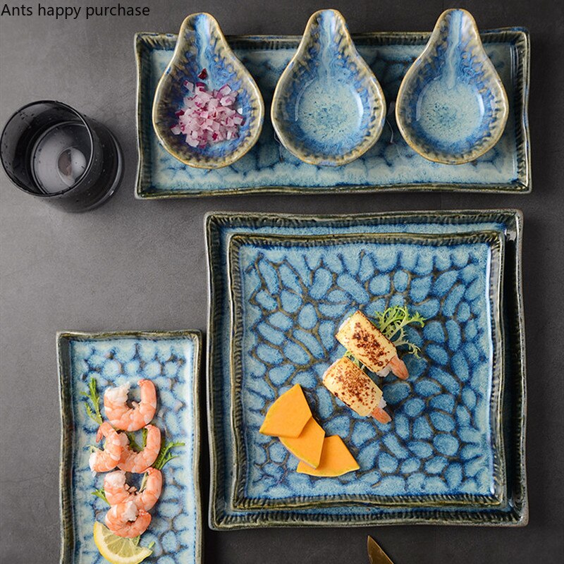 Rectangular Sushi Dish Kiln Turns Blue Ceramic Plate Square Western Steak Plate Home Tableware Dishes Dinner Plates Taste Dish