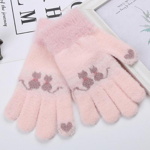 Teenagers Kids Winter Warm Leuke Kat Patroon Volledige Vinger Jacquard Gebreide Handschoenen Kinderen Accessoires: Roze