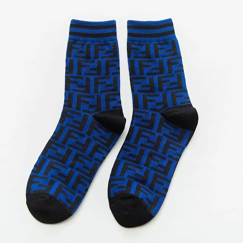 Women F Pattern Cotton Ins Crew Socks Street Style Sport Dress Sox: Blue