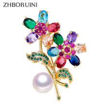 ZHBORUINI Delicate Natuurlijke Zoetwater Parel Broche Fine Zirkoon Bloem Broche Pinnen Parel Sieraden Voor Vrouwen Accessoires