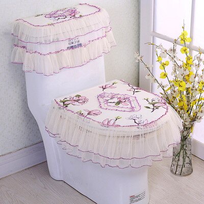3PCS/SET Lace Fabric Bathroom Toilet Seat Cover With Zipper Thick Seat Cushion Ferrule Washable Comfortable Closes tool Protecto: 9