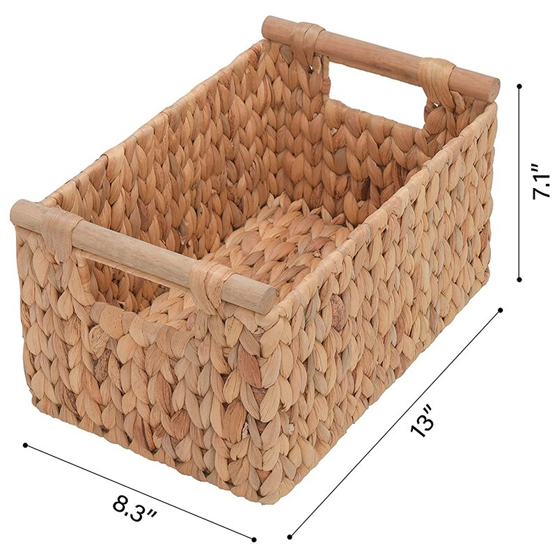 Hand-Woven Jumbo Storage Baskets with Wooden Handles, Water Hyacinth Wicker Baskets for Organizing, 2-Pack