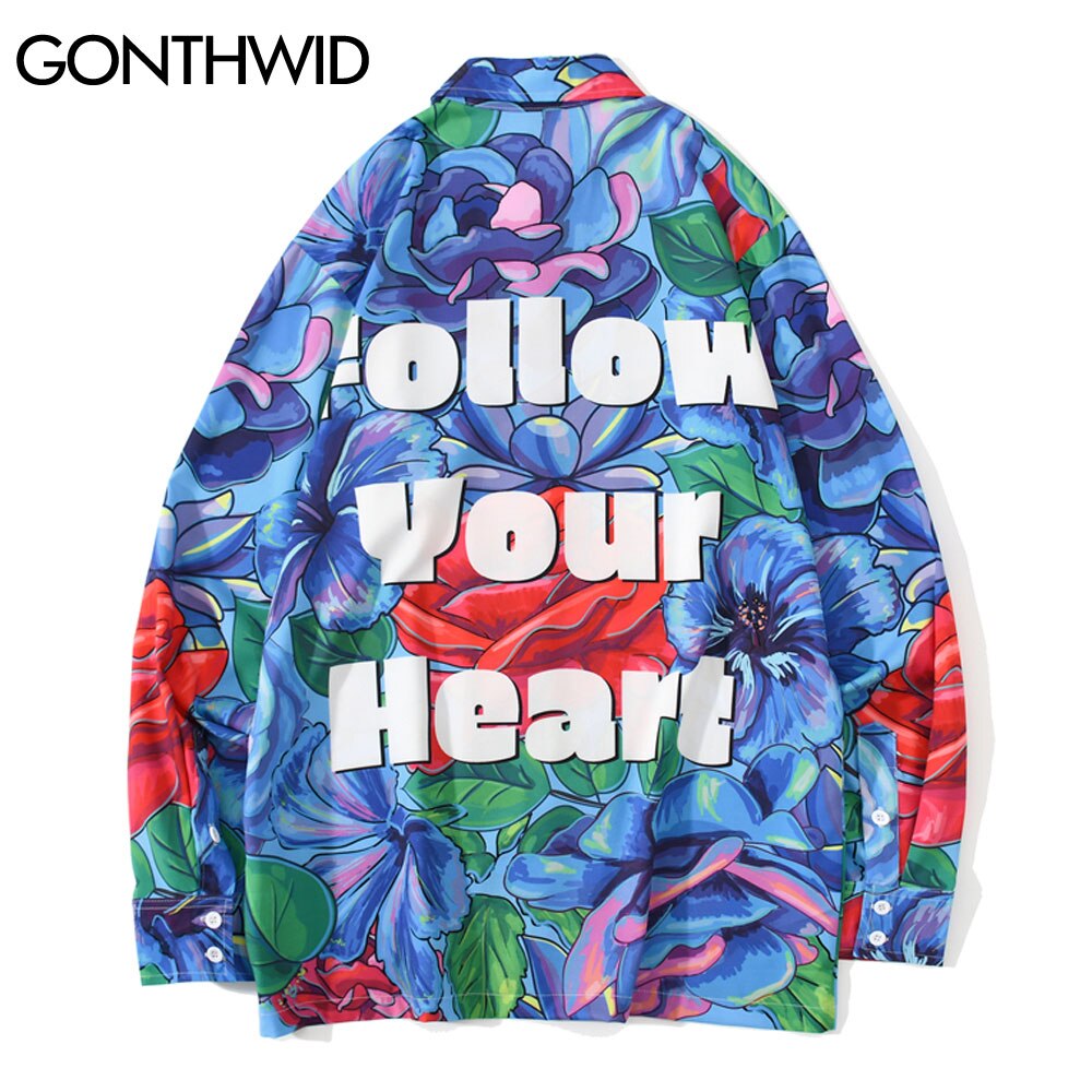 Gonthwid Rose Bloemen Print Bloemen Hawaiian Strand Shirts Streetwear Mannen Hip Hop Harajuku Lange Mouw Knop Party Blouse Tops