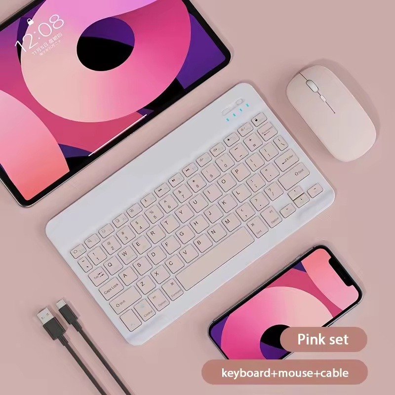 Bluetooth-Tastatur, Mobiltelefon, Tablette, universelles 10-Zoll-Maus-Tastatur-einstellen, kabellose Steuerung, Ladeadapter mit iPad: Rosa