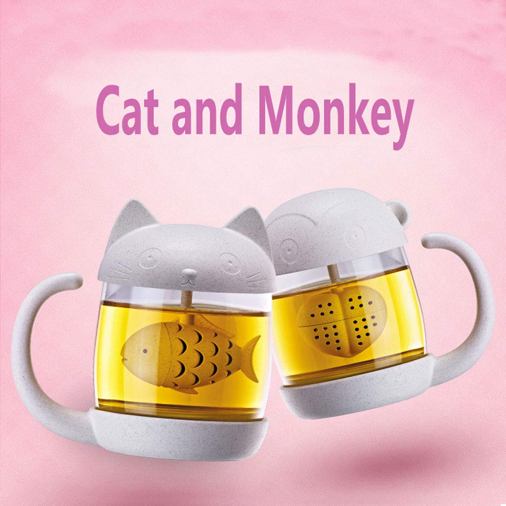 Cat/Monkey Glass Tea Mug Cup with Fish Tea Infuser Strainer Filter 250ML (White)