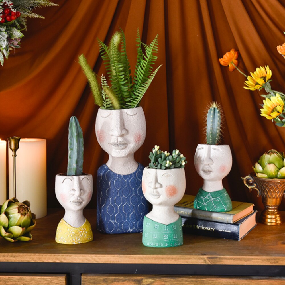 Kunst portræt blomsterpotte vase skulptur harpiks menneskeligt ansigt familie blomsterpotte håndlavet have opbevaring blomsterarrangement hjem dekorationer