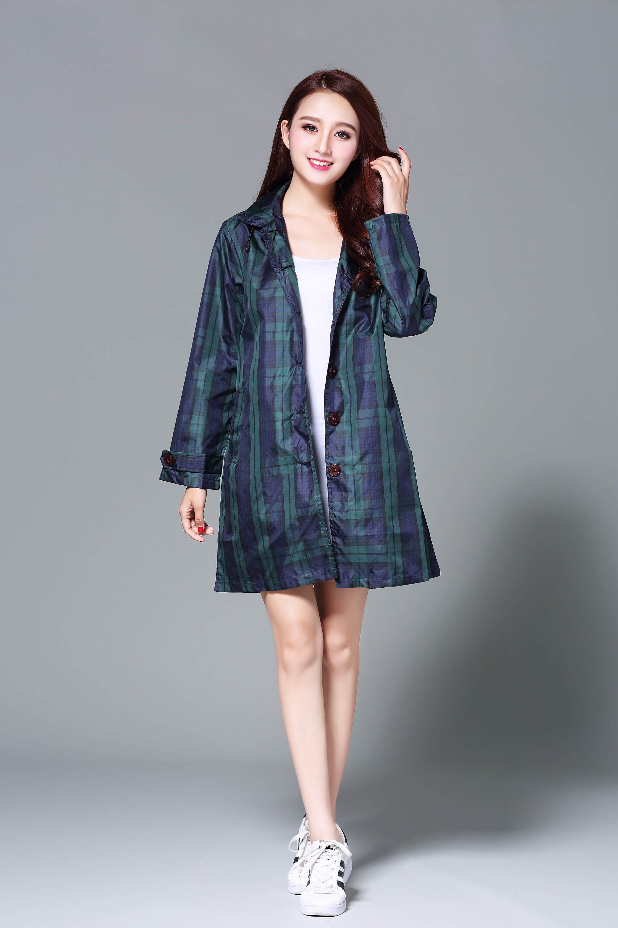 Cienki oddychający śliczny długi płaszcz przeciwdeszczowy moda damska pokrowiec przeciwdeszczowy ponczo jesienno-zimowy płaszcz w kratę