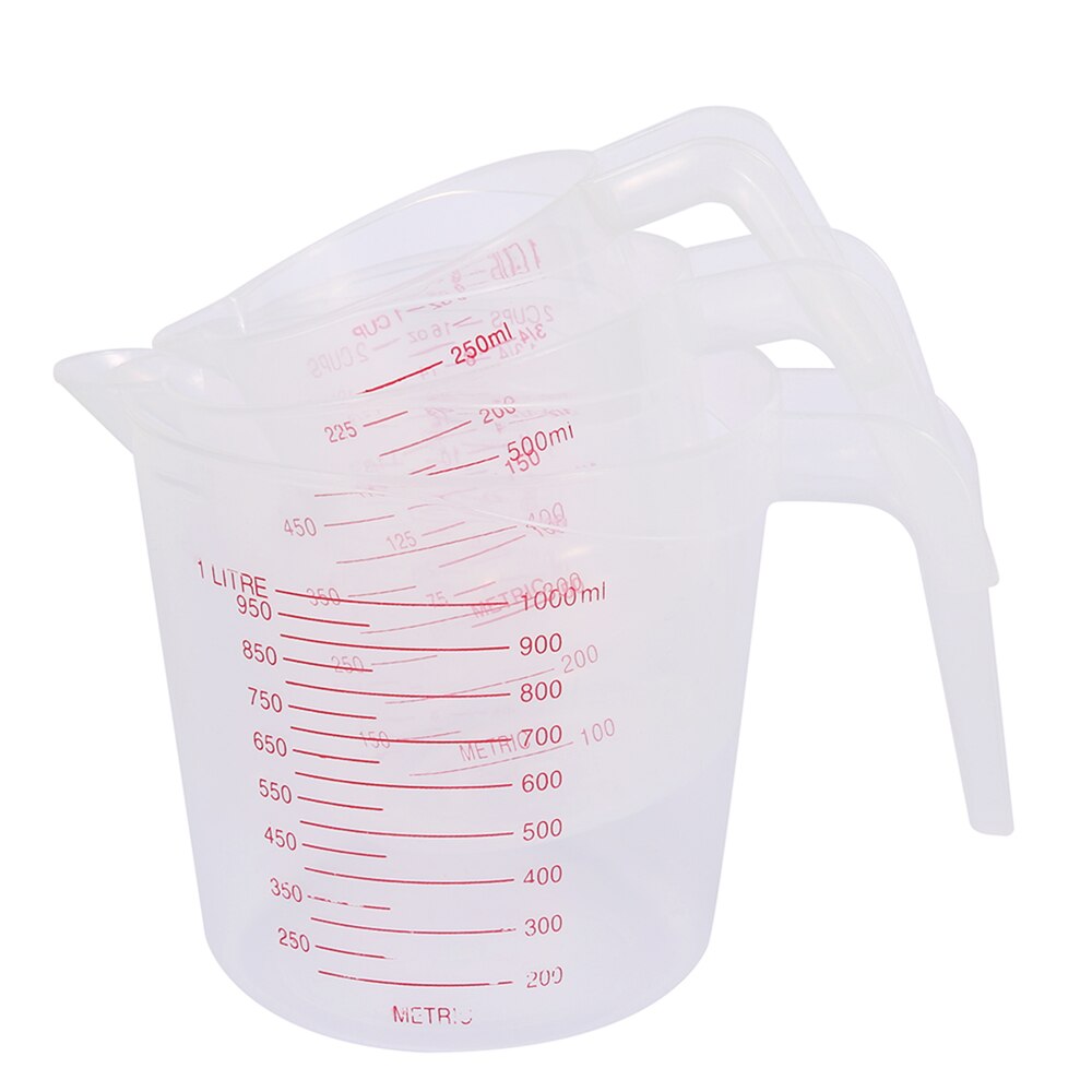 Jarra medidora de plástico para cocina, taza medidora de superficie con boquilla, graduada para hornear, medida líquida, 250/500/1000ML, 3 uds.: Default Title