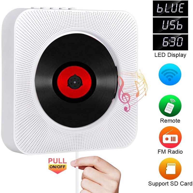 CD Player Bluetooth FM Radio Wall Mounted USB MP3 LED Display with Remote Control Built-in HiFi Speaker: Default Title