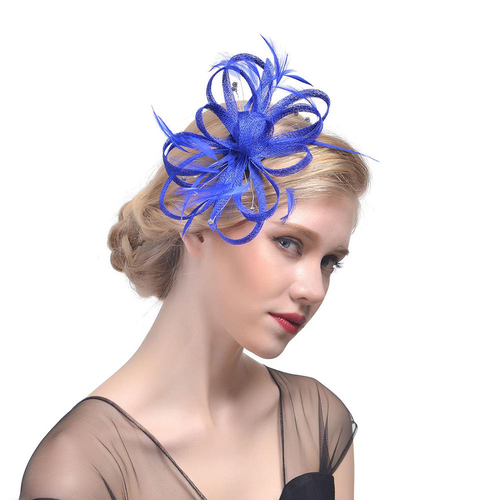 plume coiffure mariée cheveux chapeaux accessoires Elagant dames fête mariée chapeau pour mariage: Bleu