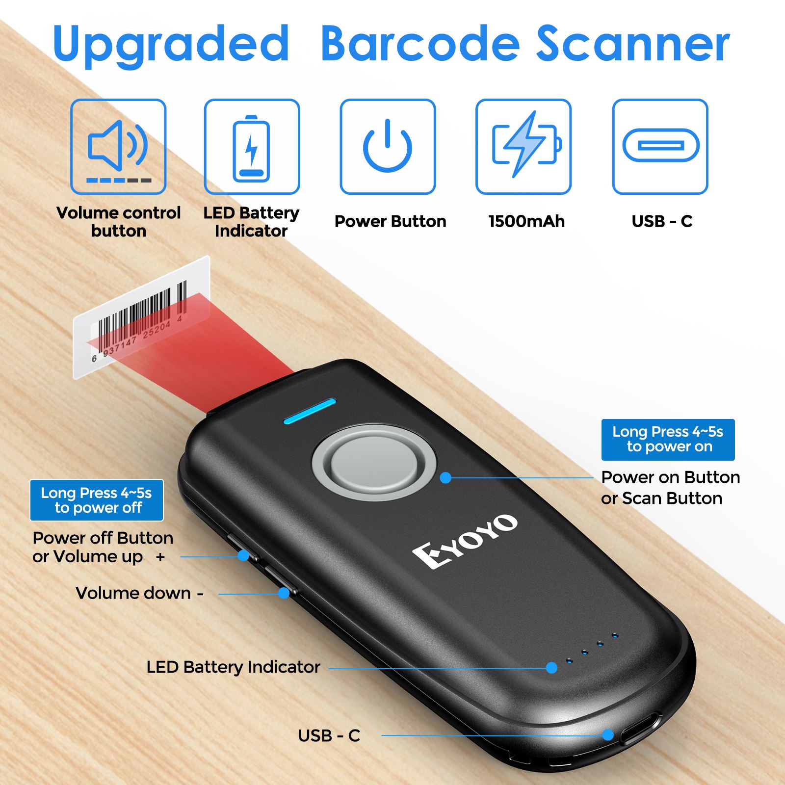 Eyoyo Mini 1D Wireless Barcode Scanner Bluetooth &amp; Wired Portable Bar code Reader for iPad iPhone Android Tablets Barcode Reader