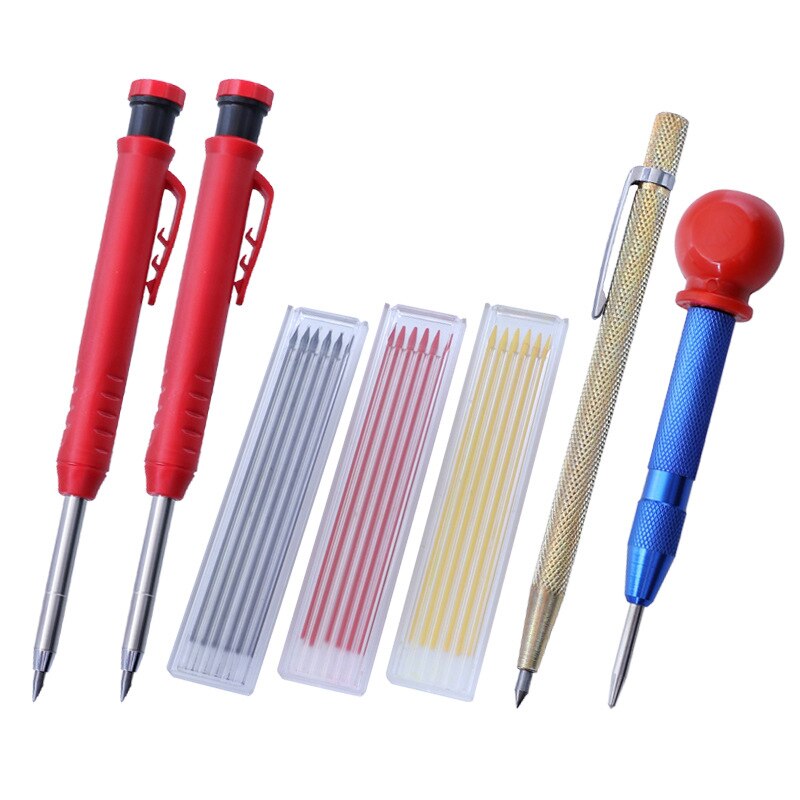 Carpenter Pencil Set Solid Woodworking Construction Marker with Center Punch Built-in Sharpener Deep Hole Mechanical Pencil Tool: Set B