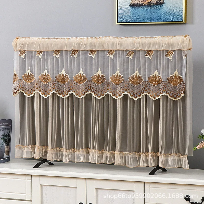 32/37/42INCH Lace Fabric Door Curtain TV Circle Can Be Flipped Dust Cover Monitor Screen Home Decorations Dust Cover: light green / 190*260cm