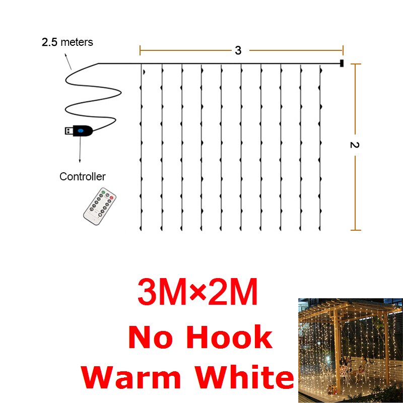 LED Gypsophila Icicle Rainbow Curtain String Lights Remote Control Bedroom Decor Fairy Light USB Power Garlands for Wedding Xmas: Warm 3x2M