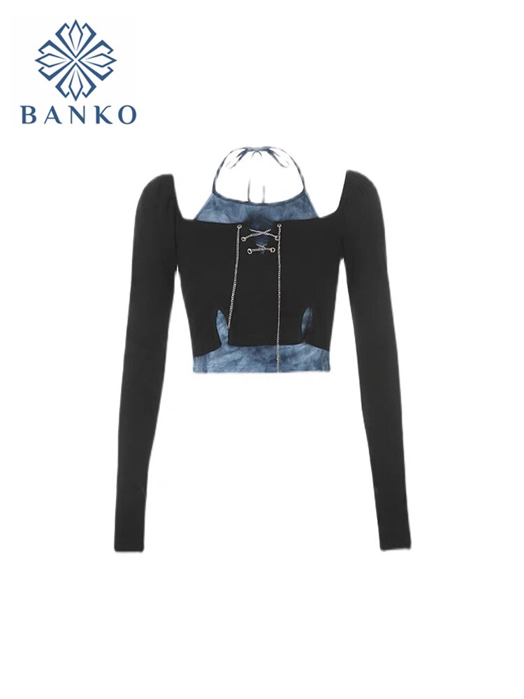 Y2k goottilainen harajuku e-girl punk tyyli kevät tilkkutäkki t-paita crop topit hip hop naisten pitkähihainen tee streetwear western