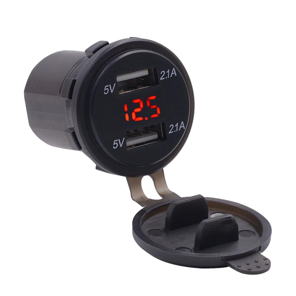 12/24V Dual USB Port Car Power Socket Plug With Red LED Voltmeter Display