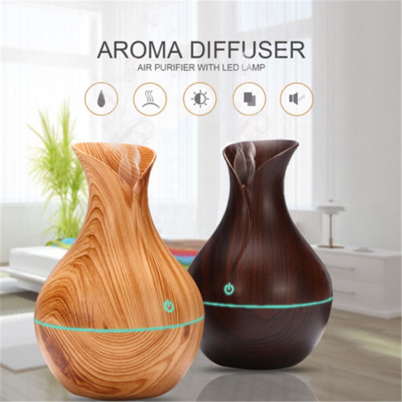 Essential Oil Diffuser with LED Night Light, Ultrasonic Aromatherapy Humidifier, Vase Shape Wood Grain Appearance Style