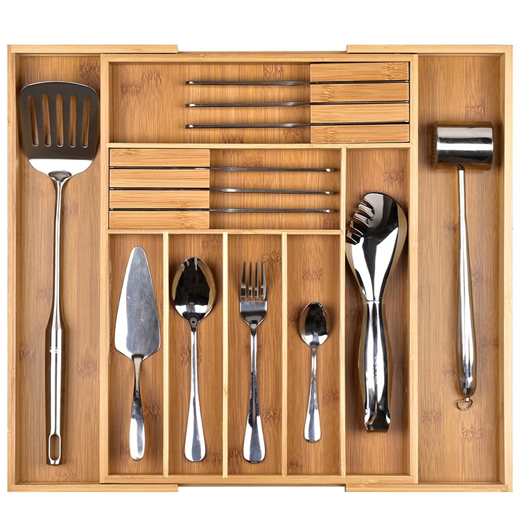 Bamboo Expandable Drawer Organizer, Premium Cutlery and Utensil Tray, Bamboo, Adjustable Kitchen Drawer Divider