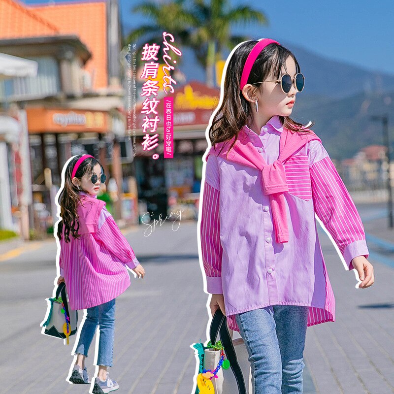 Camicie a righe rosa coreane per ragazze adolescenti bambini colletto rovesciato in cotone Patchwork a righe top camicette a maniche lunghe per bambini