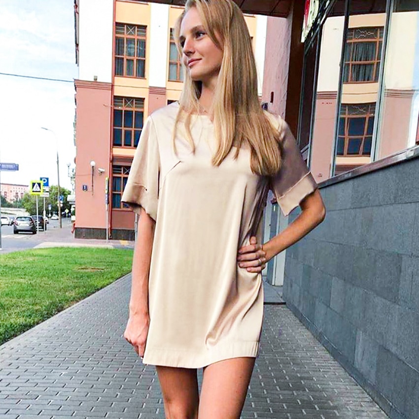 Hiloc pure kleur kaki nachthemd dames sexy nachthemd korte mouwen huisjurk mini losse nachtkleding satijnen nachtkleding herfst