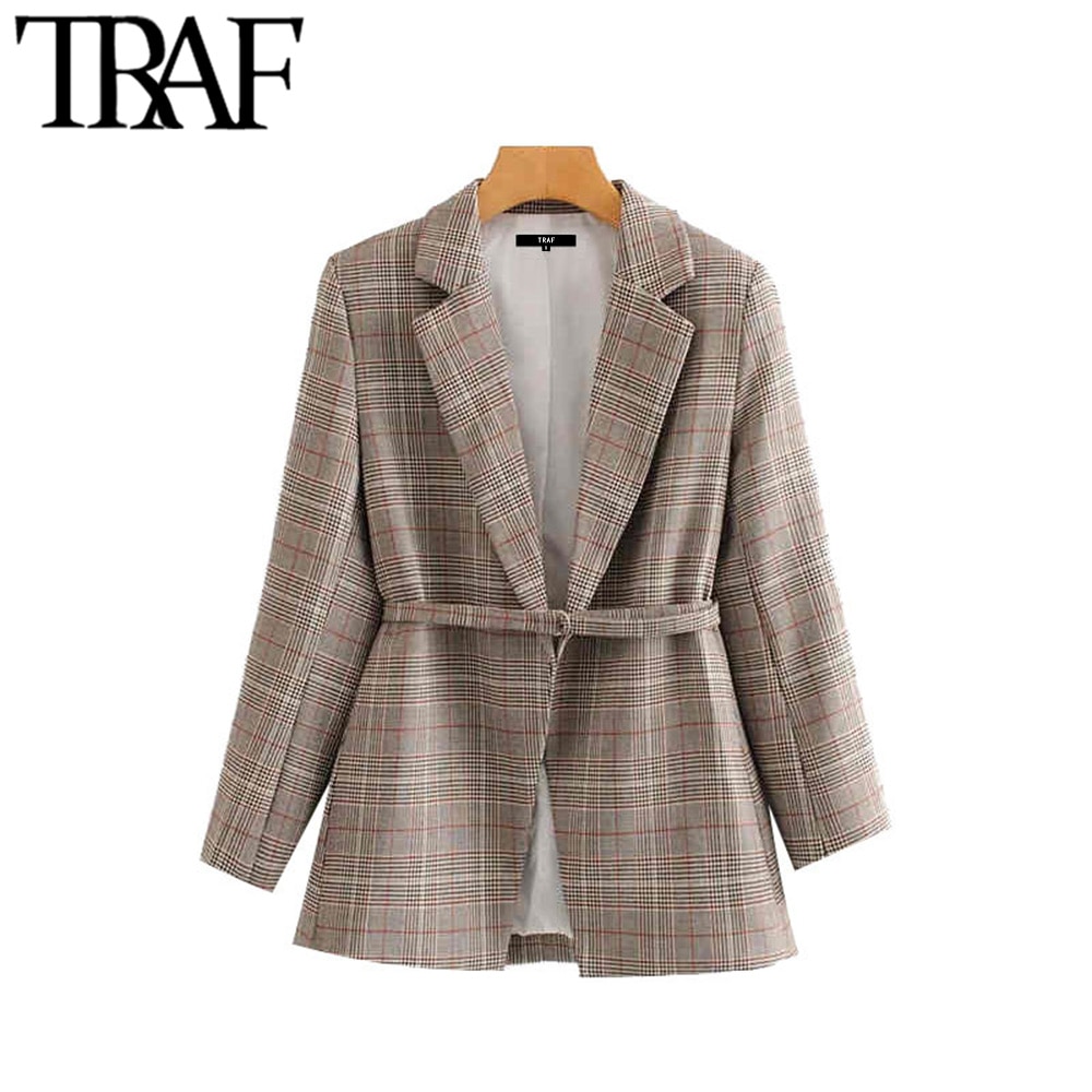 Traf kvinner vintage stilig kontorklær rutete blazerkåpe langermet med belte kvinnelig yttertøy elegante topper