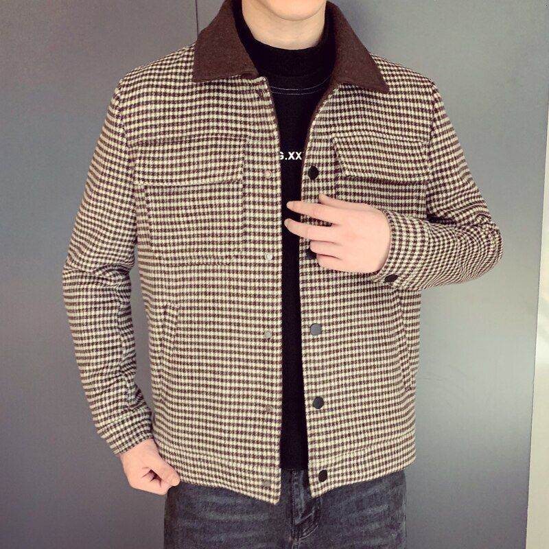 Efterår vinter frakke uld frakke grå kaffe plaid smart afslappet herre uld frakke england mellemlange frakker jakker slim fit mandlige: Kaffe / L