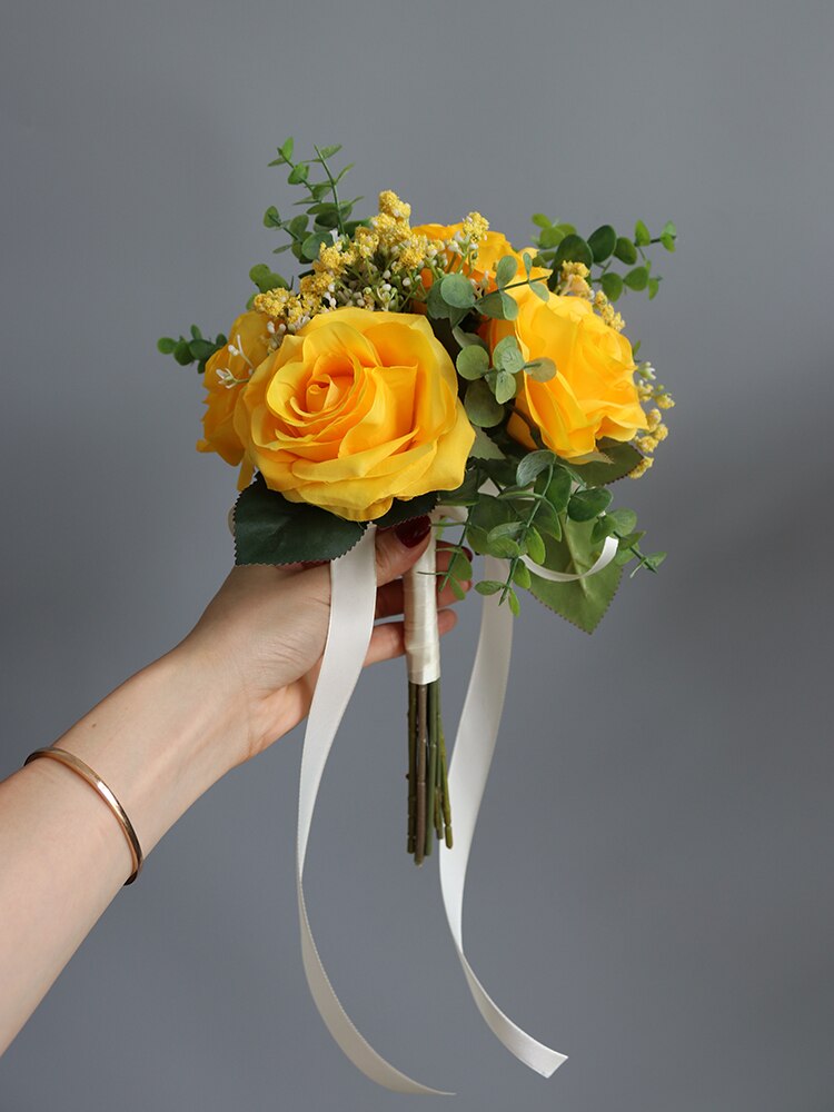 Janevini kunstbloemenmeisjesboeket wit roze blauw roos zijden bruidsmeisjes bruidshandbloemen rood klein bruidsboeket: Geel