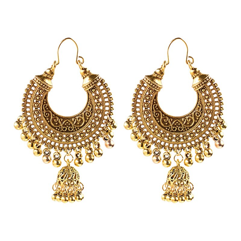 Ethnic Women&#39;s Silver Color Round Flower Hollow Jhumka Stud Earrings Boho Indian Jewelry Egypt Carved Tassel Earrings Femme: 097-1