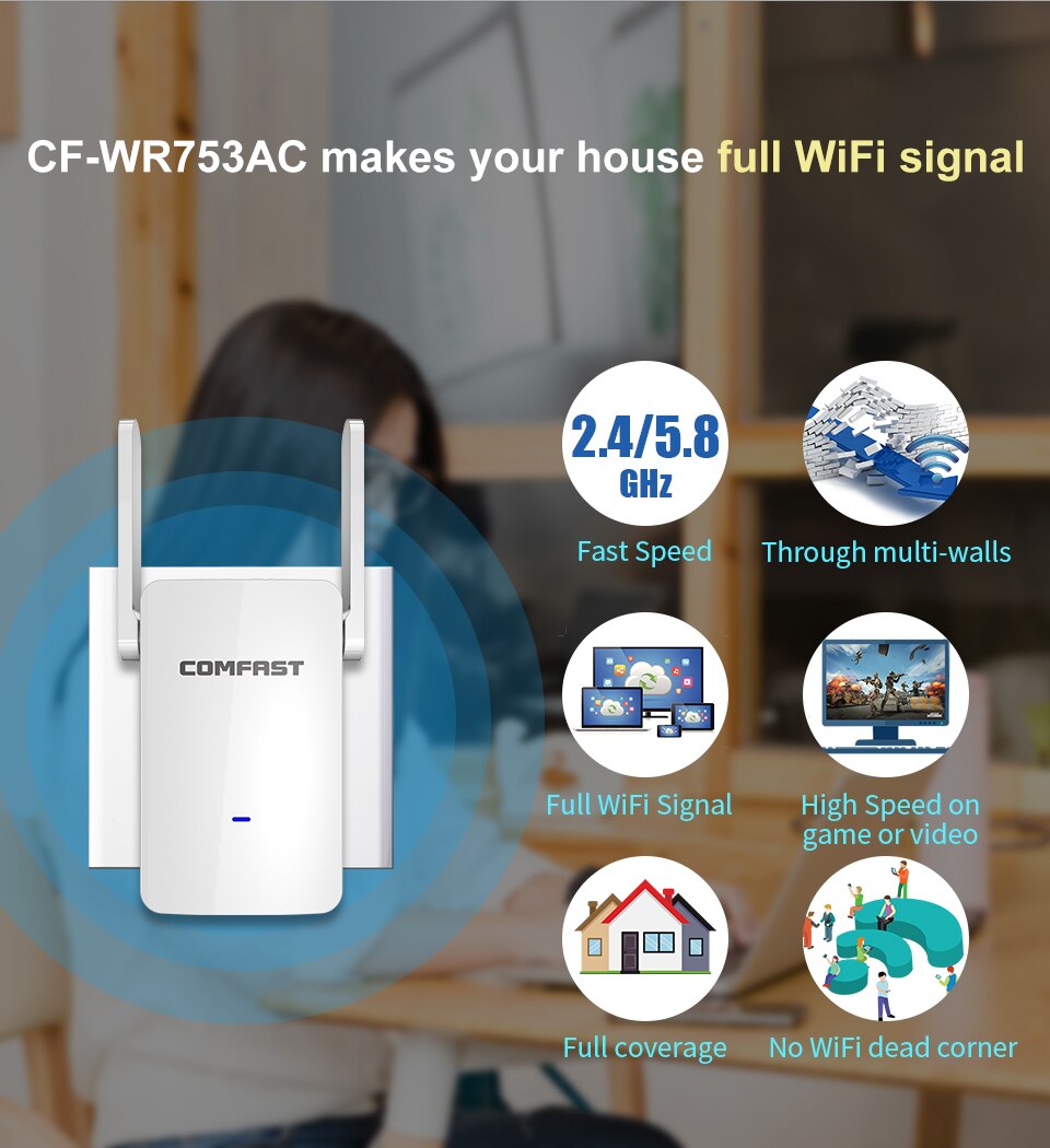 Comfast 2.4G + 5G 1200Mbps Wireless Wifi Repeater wifi signaal Booster extender Wireless router Netwerk Router Range wifi Expander