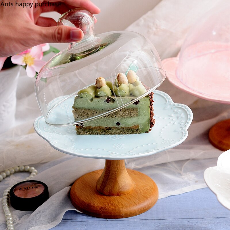 Ceramics Fruit Tray Living Room Snack Tray with Lid Glass Cover European High Plate Cake Stand Exhibition Hall Dessert Rack