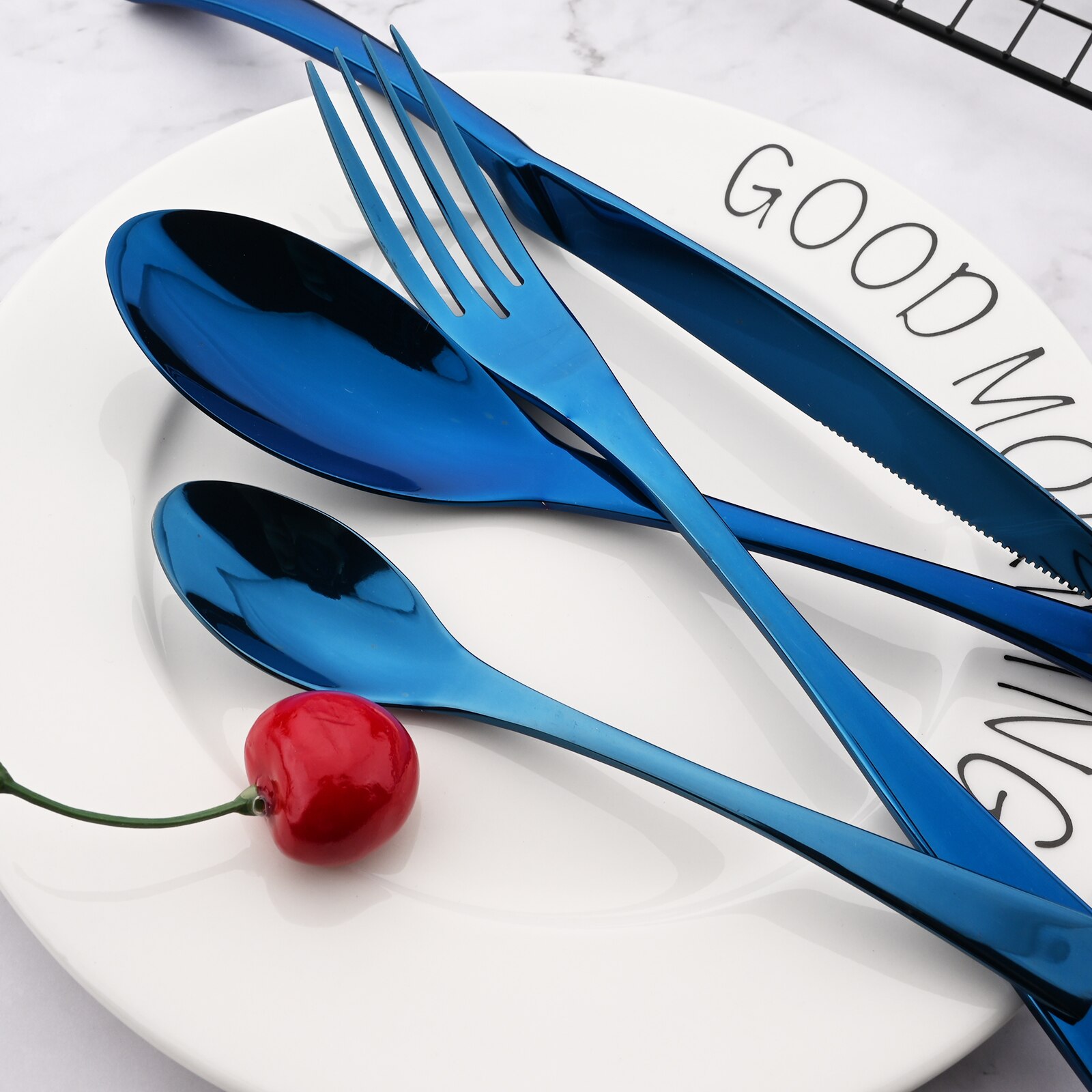 Mirror Blue Cutlery Set 18/10 Stainless Steel Tableware Dinnerware Set Steal Knife Spoon Fork Dinner Set Kitchen Flatware Set