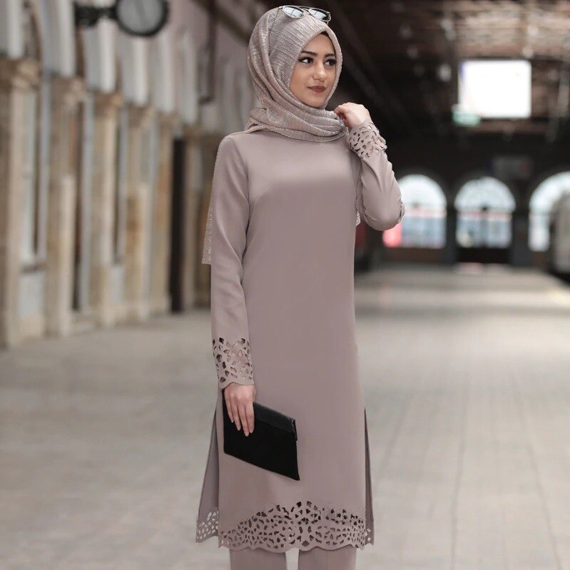 Kalkon muslimsk klänning kvinnor långa toppar ihåliga solida islamiska ropa hijab klänningar marockanska kaftan jilbab fest vestidos abaya ramadan: Aprikos rosa / M