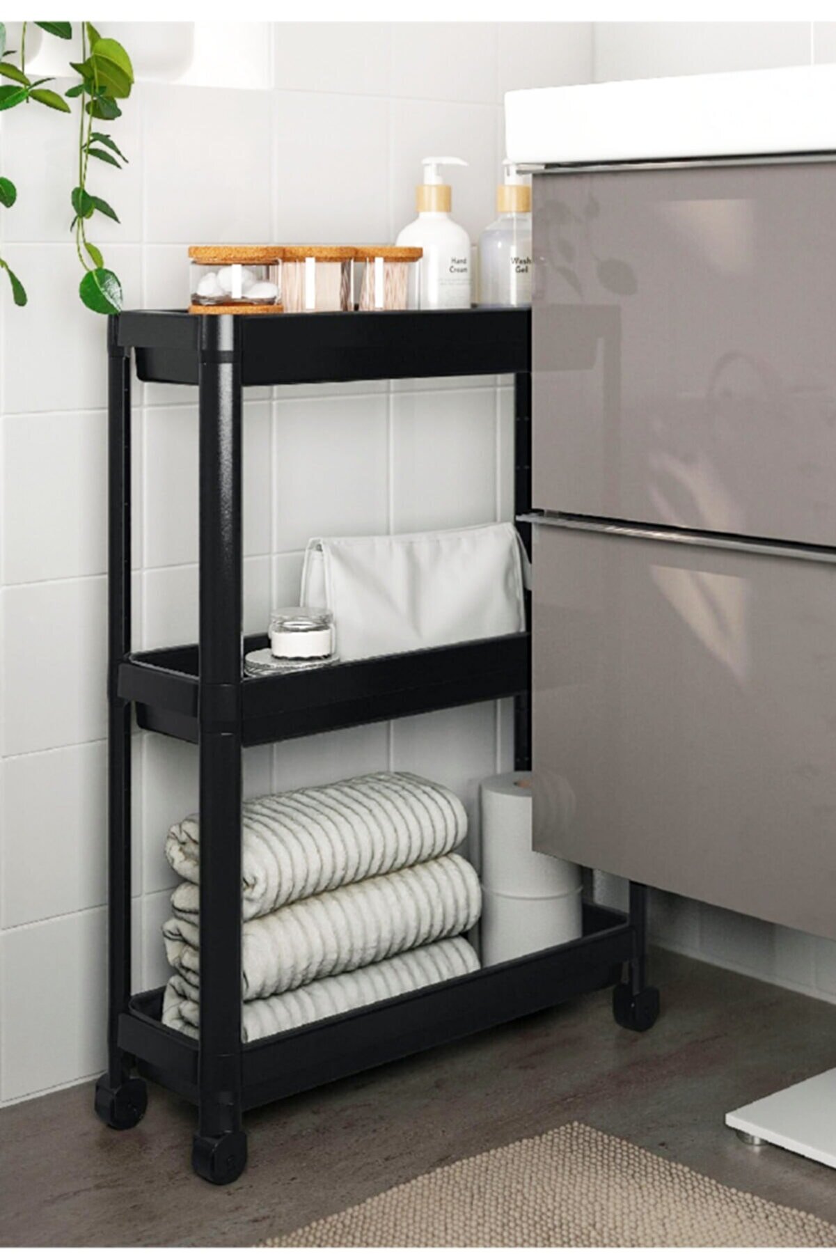 Vesken – étagère à roulettes à 3 niveaux, blanche et noire, pour salle de bain, cuisine, Table de service, organisateur de meubles, d&#39;accessoires: BLACK