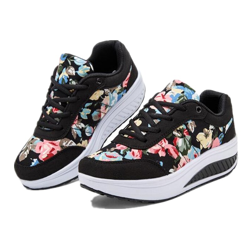 Breathable Women Toning Shoes Flower Printed Comfortable Thick Soles Heighten Swing Shoes Platform Wedge Sneakers