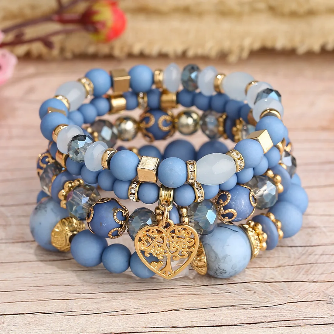 Conjunto de pulsera de cadena de cuentas acrílicas para mujer, brazalete elástico con dije de árbol de la vida, accesorios de joyería bohemia, 4 Uds.: Marrón rojizo