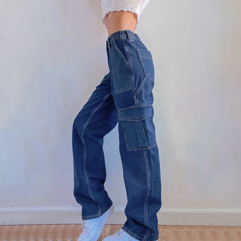 Rapcopter store lommer jeans kvinner  y2k bukser høy midje bukser blå denim glidelås jeans 90s lappede cargo bukser pop streetwear