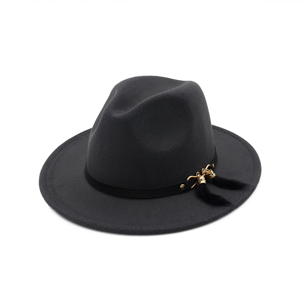 HanXi Winter Women Hat Wool Fedoras Felt Hat Lady Classical Flat Brim Cap PU Leather Band Metal Buckle: dark gray