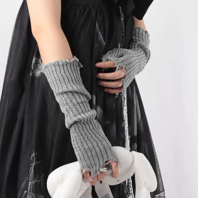1 par de guantes Punk rotos Unisex, mangas rasgadas tejidas, manga cálida para el brazo, puño sin dedos, guantes, mitones de codo Rock: Gris