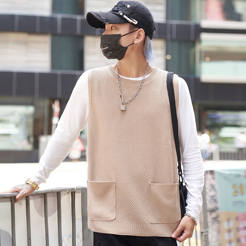 Singleroad oversized herre strikket genser vest herre vester harajuku hip hop gensere koreansk khaki ermeløs genser herre