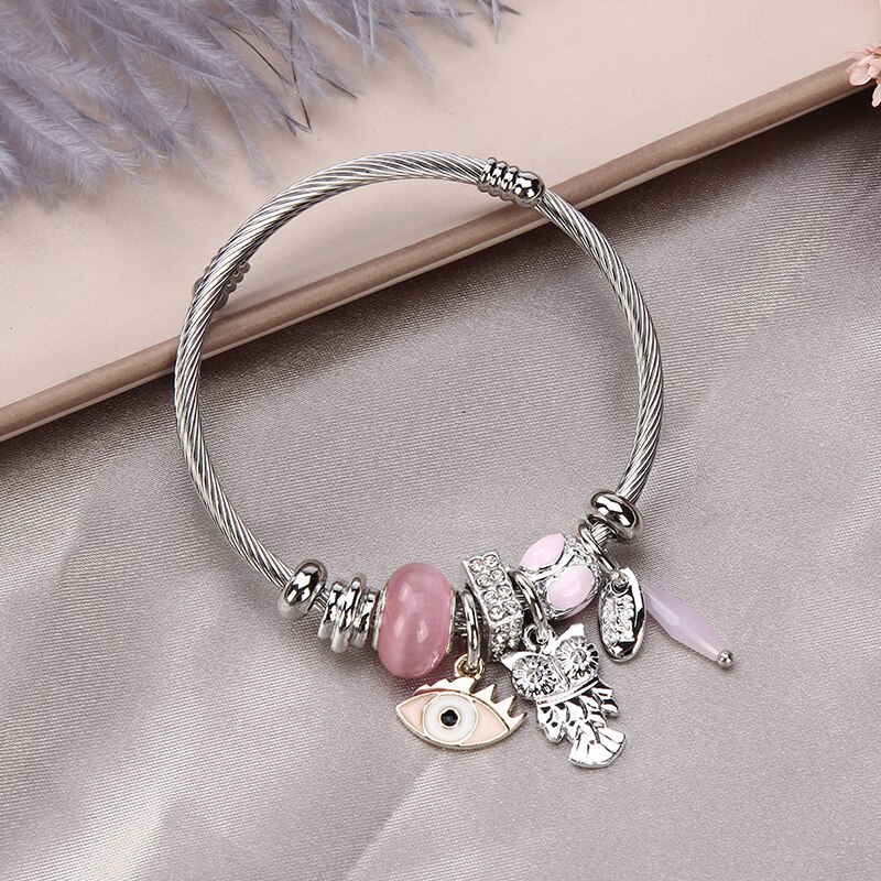 Roestvrijstalen armbanden voor dames sieraden kristal kralen bedels armband bloem dieren hanger armband meisjes: N