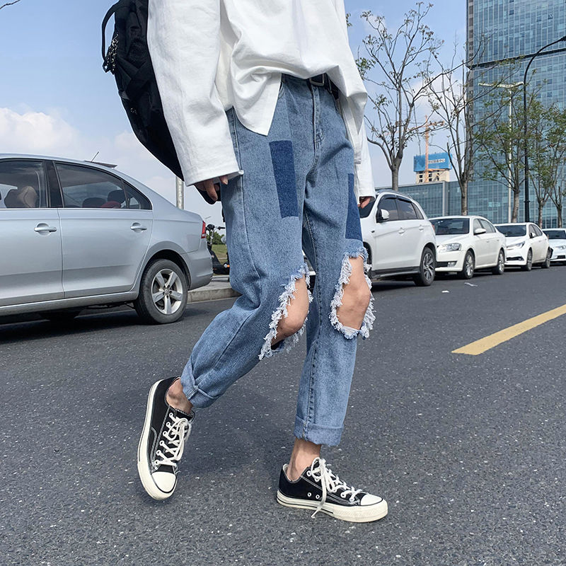 Sommar slitna raka jeans herr retro casual hole jeans herr streetwear wild lös hip hop jeansbyxor herr m -2xl: L