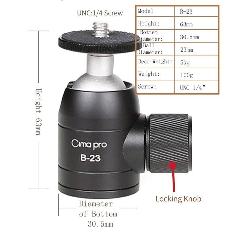 XILETU B-23 Stativ Kopf Aluminium Legierung Metall Mini 360 Grad Stativ Ball Kopf Panorama Kopf W 1/4 Schraube für DSLR goPro