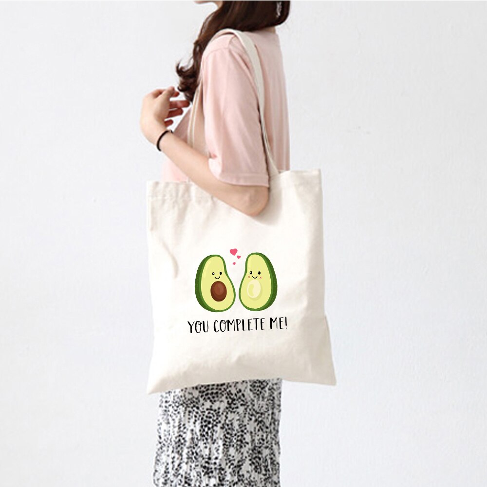 Cute Couple Avocado Print Large Capacity Canvas Tote Bag Cotton Cloth Reusable Shopping Bag Women Beach Handbags Shopping Bags: A214WHITE