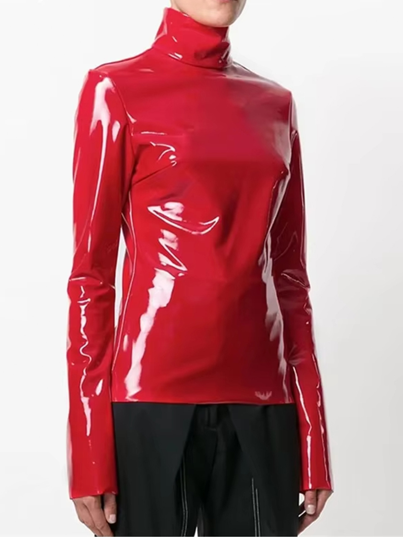 Kvinder vintage latex læder toppe med høj hals sort highstreet turtleneck varm pullover langærmet rød pu lynlås t-shirt brugerdefineret