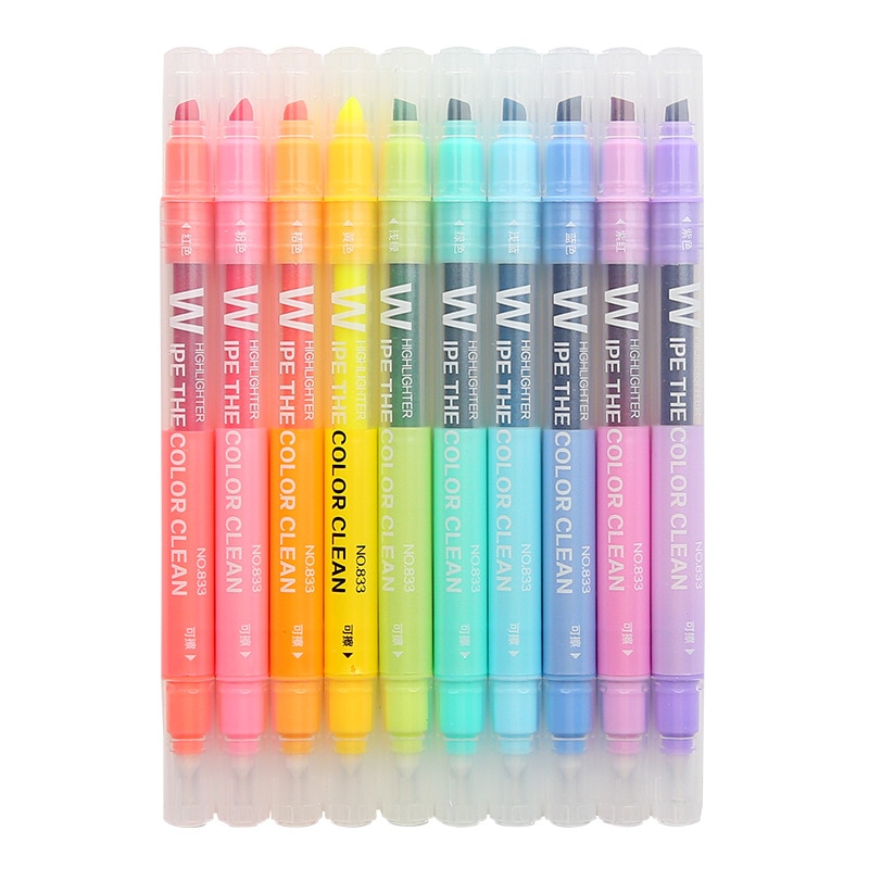 Rotuladores borrables de doble punta, marcadores fluorescentes con dos cabezales que se pueden borrar, subrayadores escolares, set/10 unidades, bonitos colores