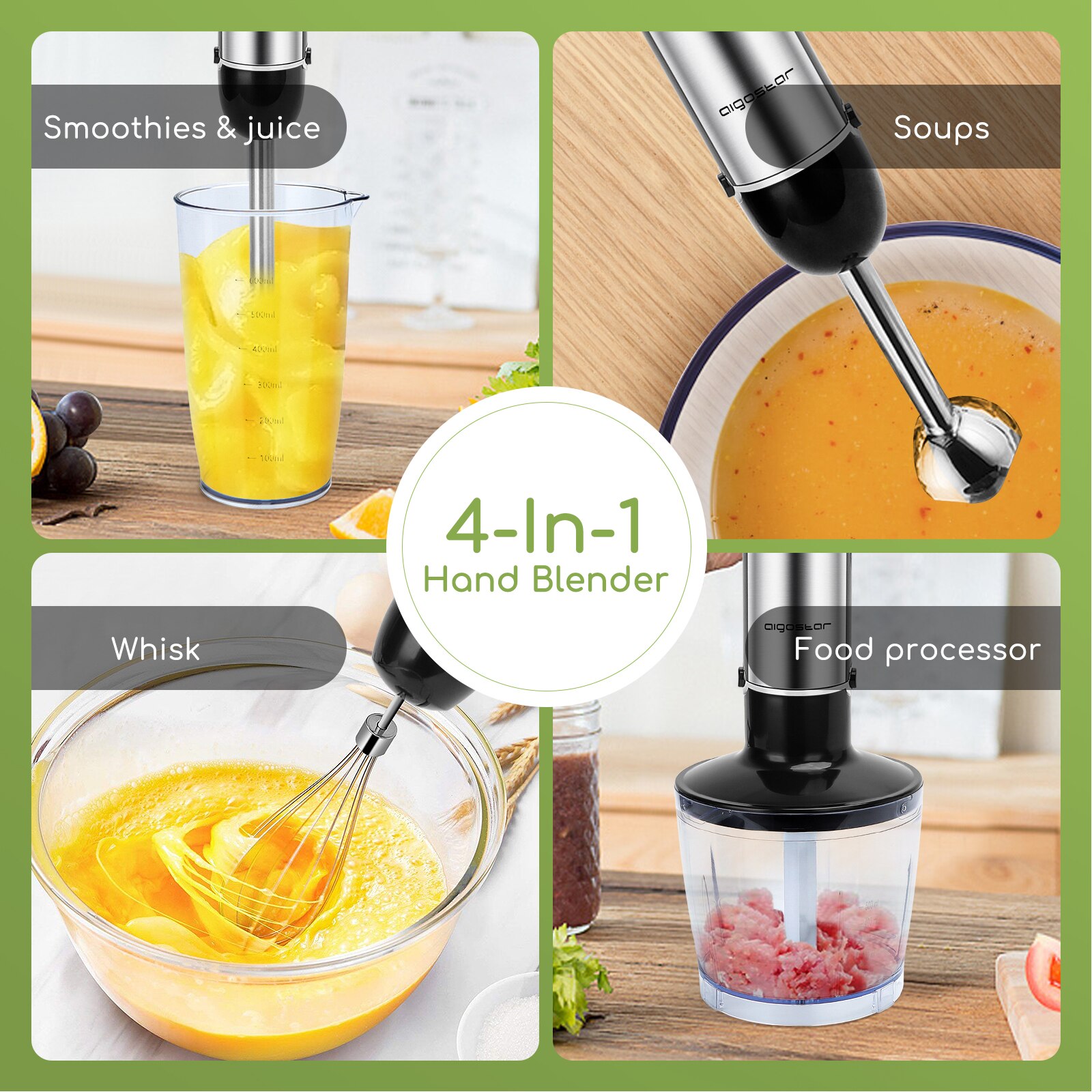 Aigostar Buckle - Set 4 en 1 de batidora de mano， picadora y varilla mezcladora. 1000W， 6 velocidades， función turbo， cuchilla de acero inoxidable tipo 304. Incluye vaso medidor.