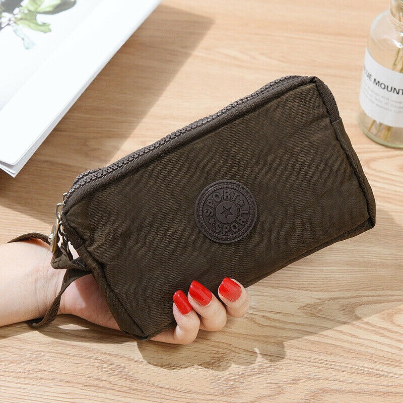 Womens Mini Phone Bag Short Wallet Three-Layer Zipper Purse Coin Purse: Coffee