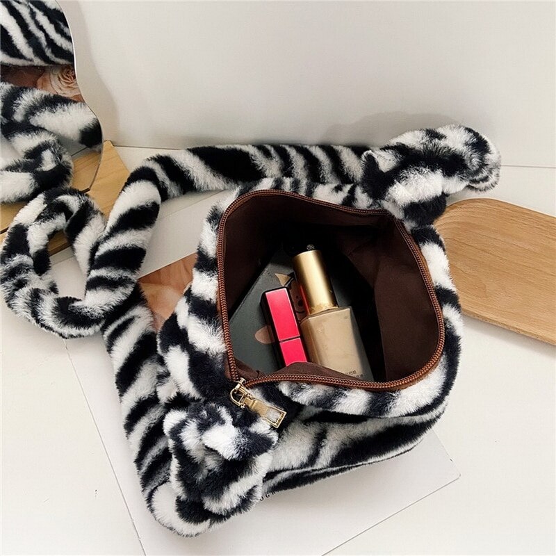 Pluizige dames handtas kleine luipaardprint crossbody tas dames pluche zachte casual schoudertas сумка женск