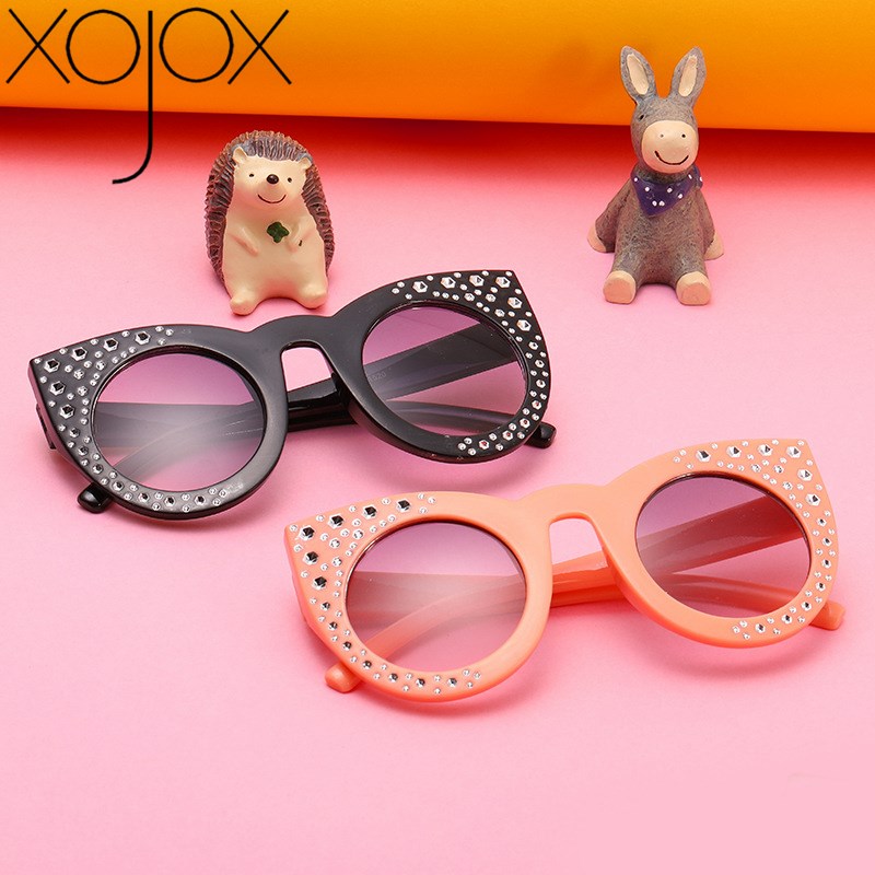Xojox piger solbriller diamant hjerte børn briller høj kvalitet rhinestone hjerteformede børn solbriller  uv400